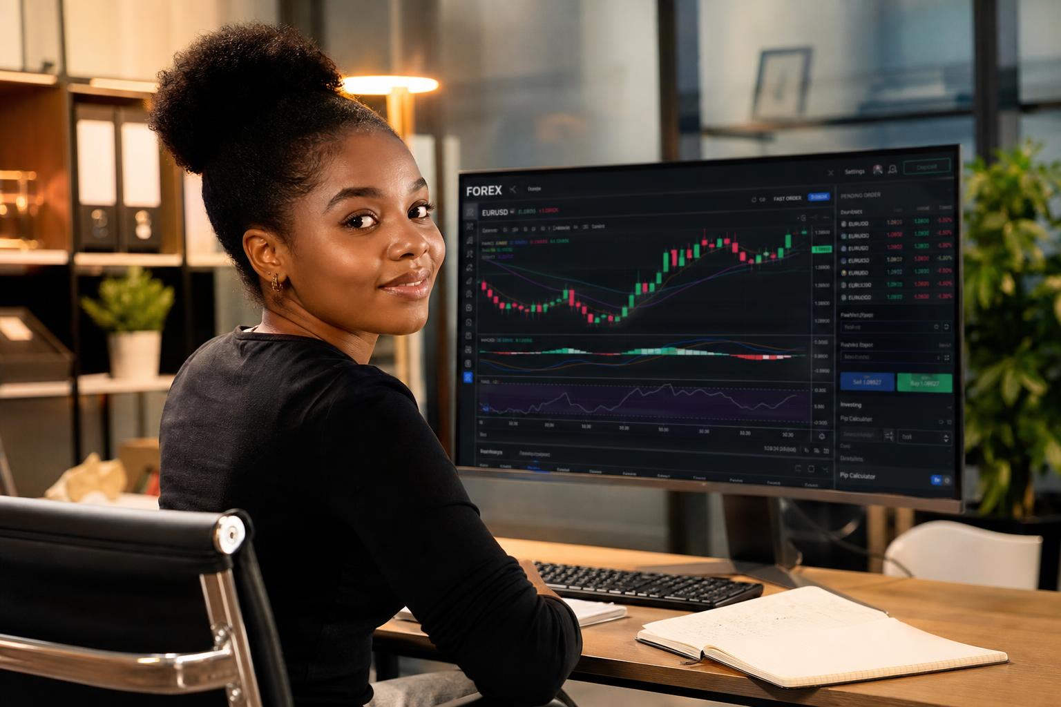 Trader focused on detailed forex trading charts on a professional monitor
